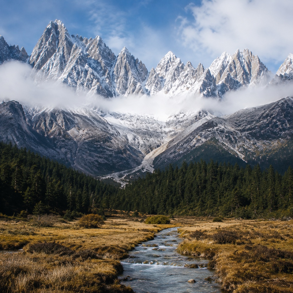 云带环绕玉龙雪山群峰，森林、草甸与溪流形成清晰的垂直地带