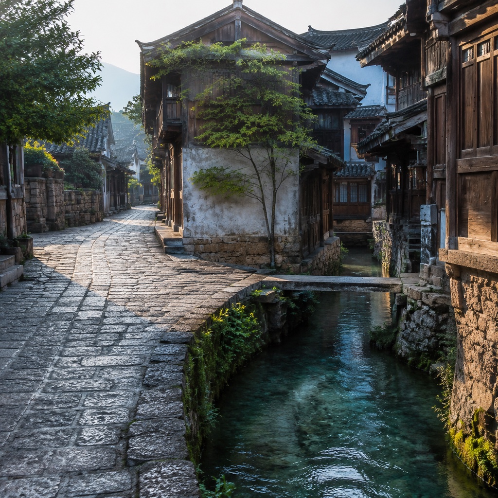 石板路在水渠前分开，丽江传统木屋顺地势展开